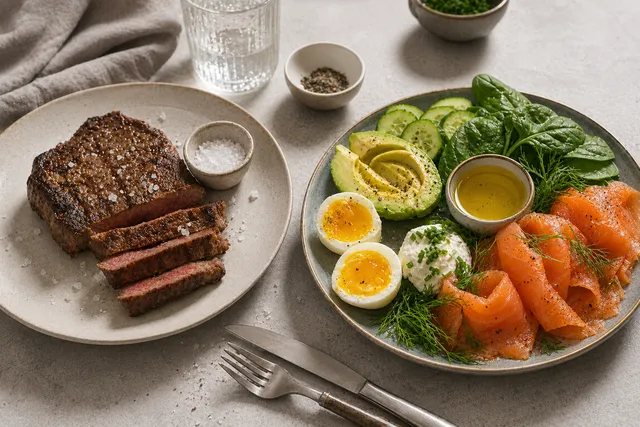Zwei Teller im Vergleich: Steak als Carnivore-Mahlzeit und Keto-Teller mit Avocado, Gemüse und Fettquellen