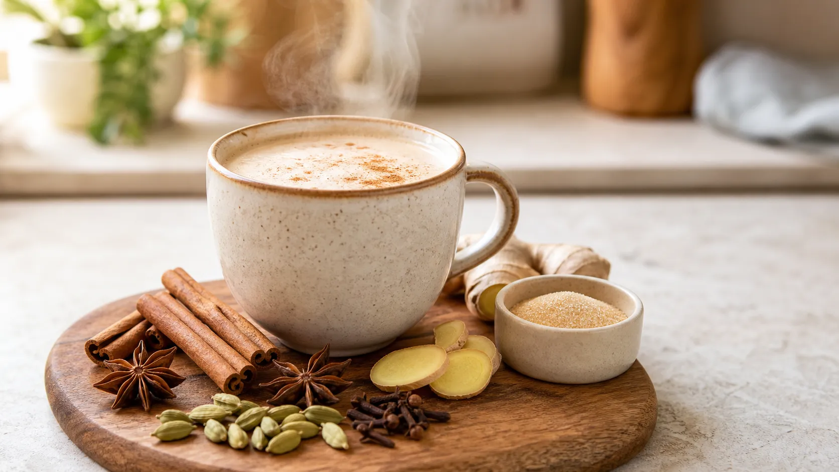 Keto Lebensmittel: Chai Latte in einer Tasse mit Gewürzen