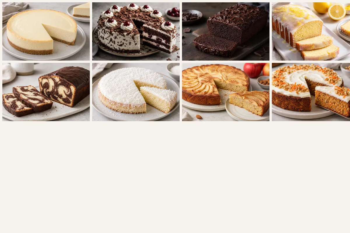 Übersicht von zehn verschiedenen Keto-Kuchen auf einer Kaffeetafel