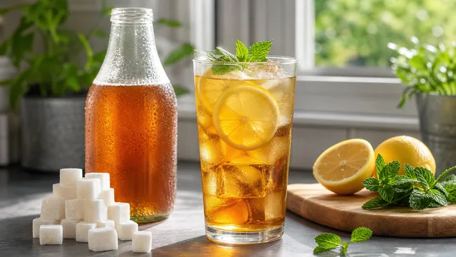 Keto Lebensmittel: Fertiger Eistee in einer Flasche mit Zuckerwürfel-Vergleich