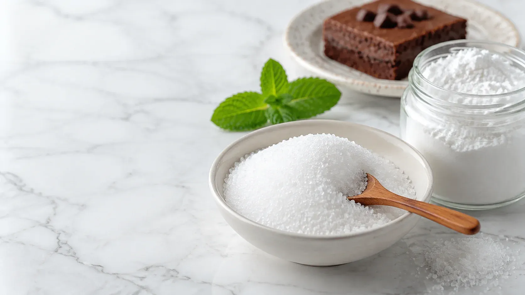 Keto Lebensmittel: Erythrit-Kristalle in einer Schale mit Holzlöffel, daneben ein Glas mit gepudertem Erythrit