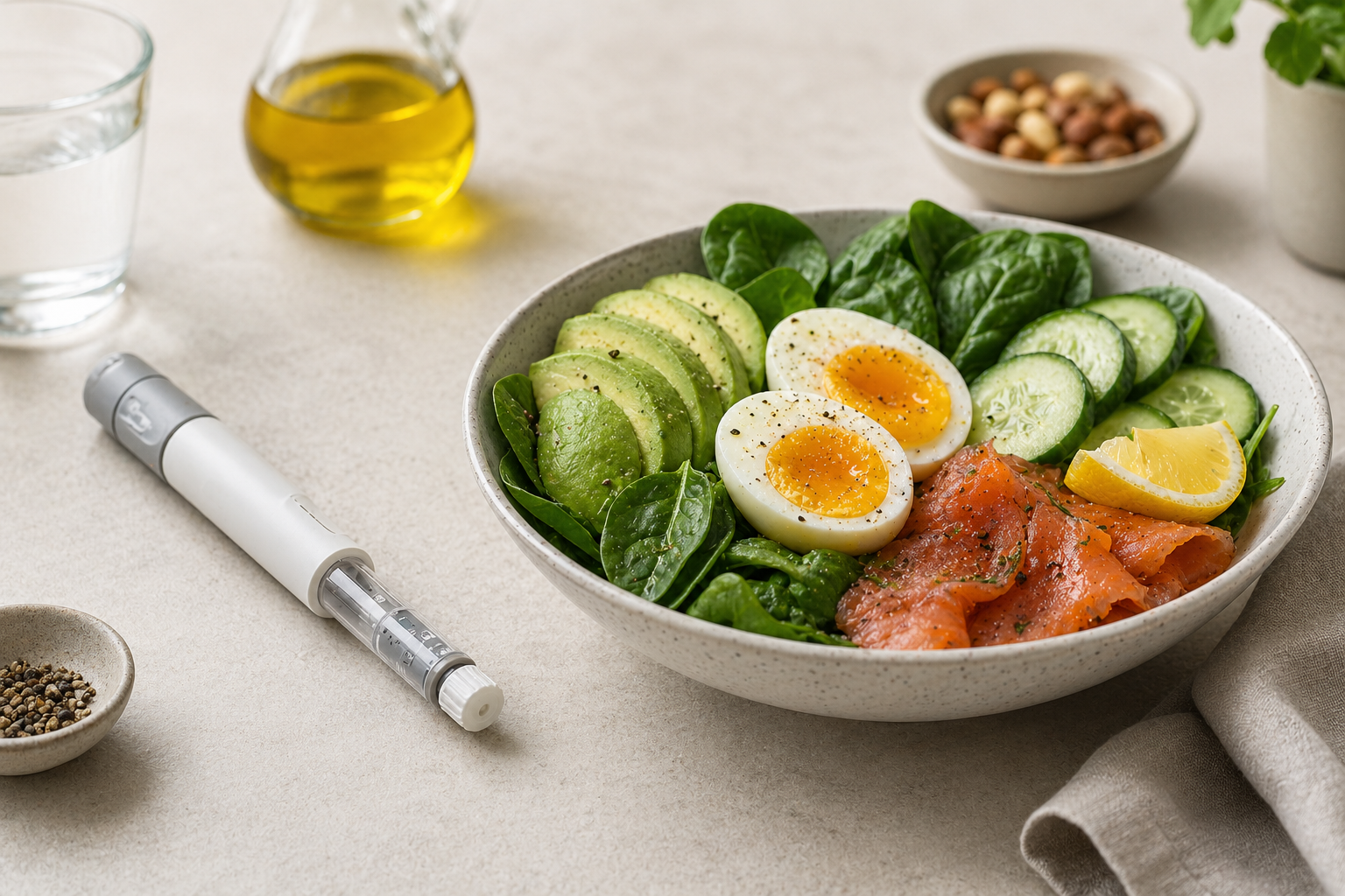 Medikamenten-Pen neben einem Keto-Teller mit Avocado, Gemüse, Tomaten und gesunden Fettquellen