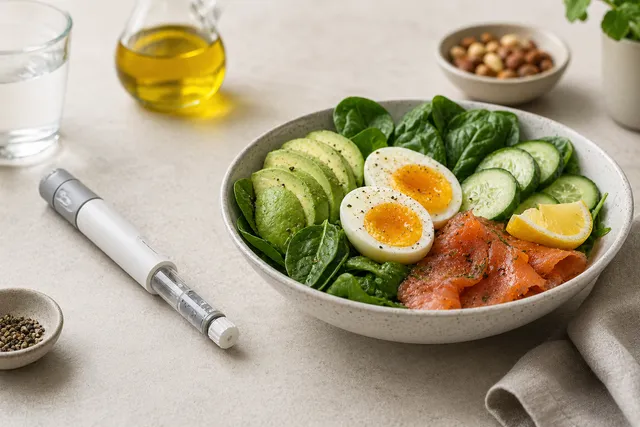 Medikamenten-Pen neben einem Keto-Teller mit Avocado, Gemüse, Tomaten und gesunden Fettquellen