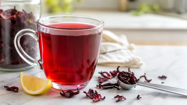 Keto Lebensmittel: Hibiskustee in einem Glas mit getrockneten Blüten