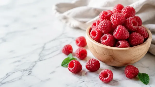 Keto Lebensmittel: frische Himbeeren in einer Holzschale, einzelne Beeren mit Minzblättern daneben