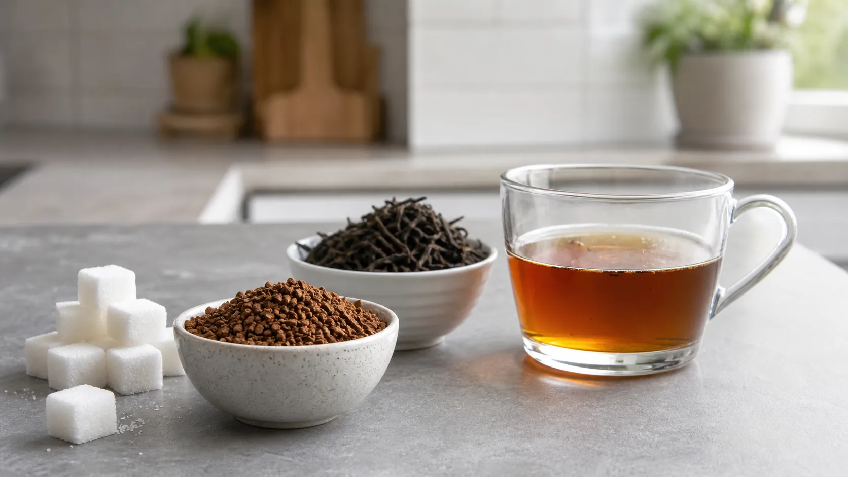 Keto Lebensmittel: Instant-Tee-Granulat neben echtem Tee