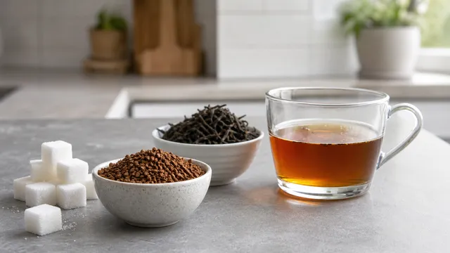 Keto Lebensmittel: Instant-Tee-Granulat neben echtem Tee