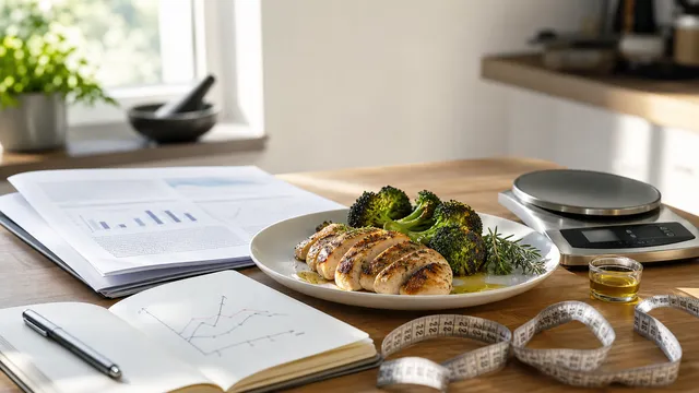 Research-Unterlagen, Maßband und ein Low-Carb-Teller mit Hähnchen und Brokkoli auf einem hellen Küchentisch