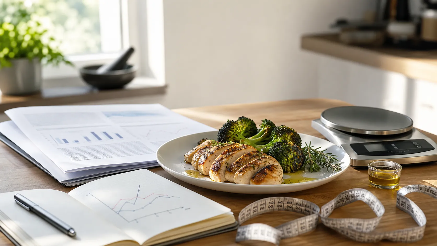 Research-Unterlagen, Maßband und ein Low-Carb-Teller mit Hähnchen und Brokkoli auf einem hellen Küchentisch