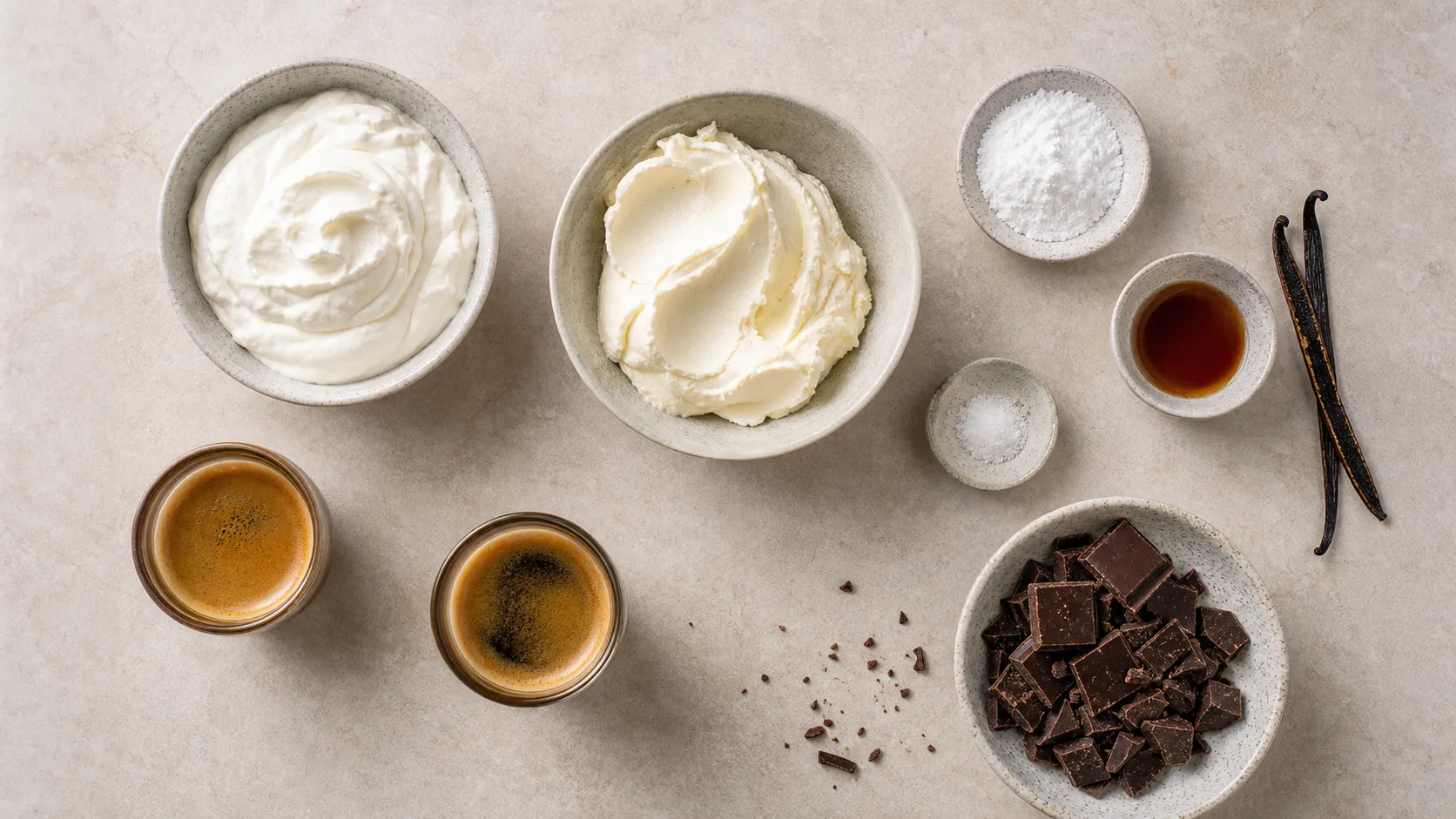 Zutaten für Keto Affogato: Sahne, Mascarpone, Erythrit, Vanille, Espresso und Zartbitterschokolade
