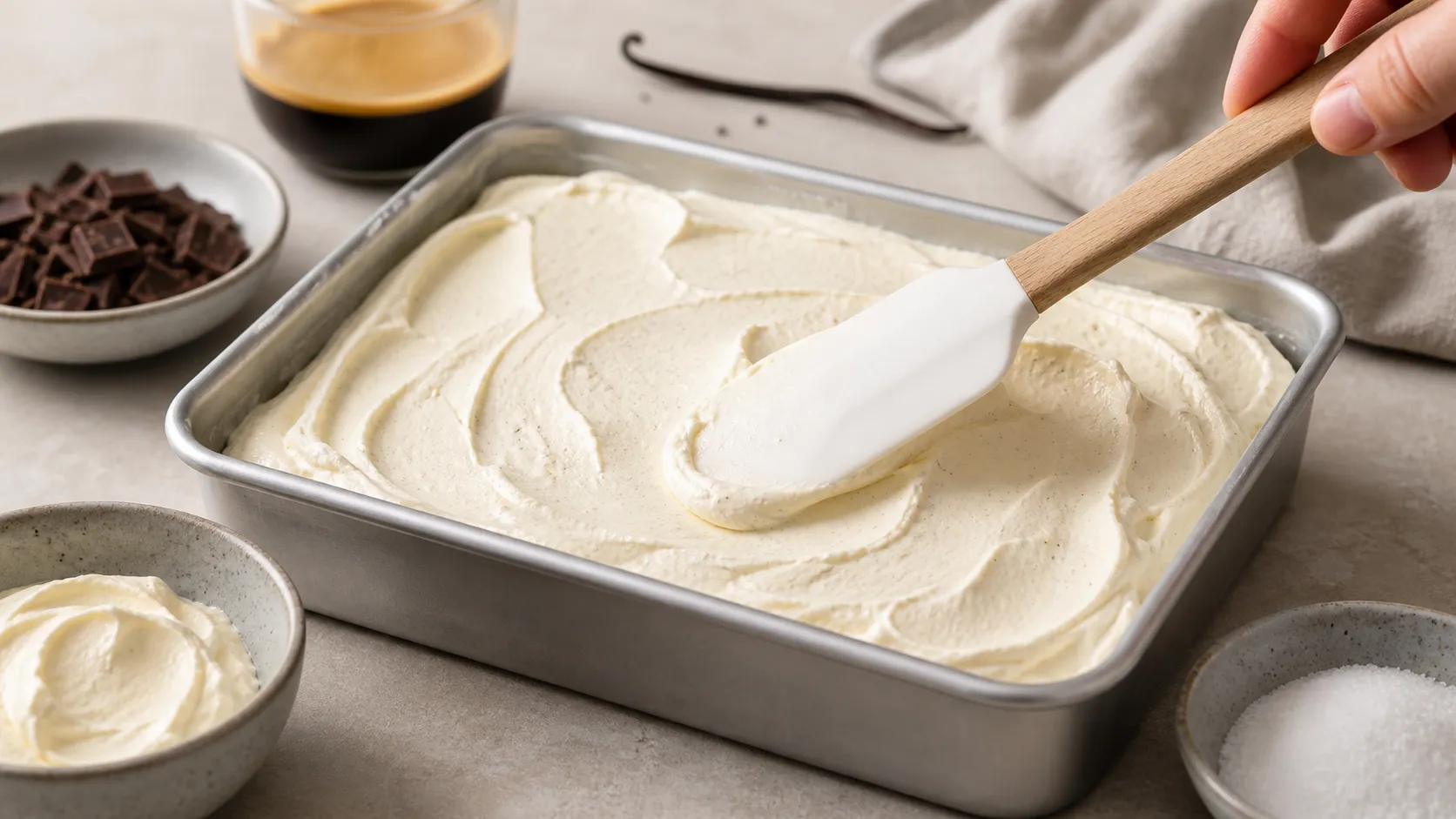 Aufgeschlagene Sahne-Mascarpone-Masse mit Vanille wird zum Einfrieren in eine Form gefüllt
