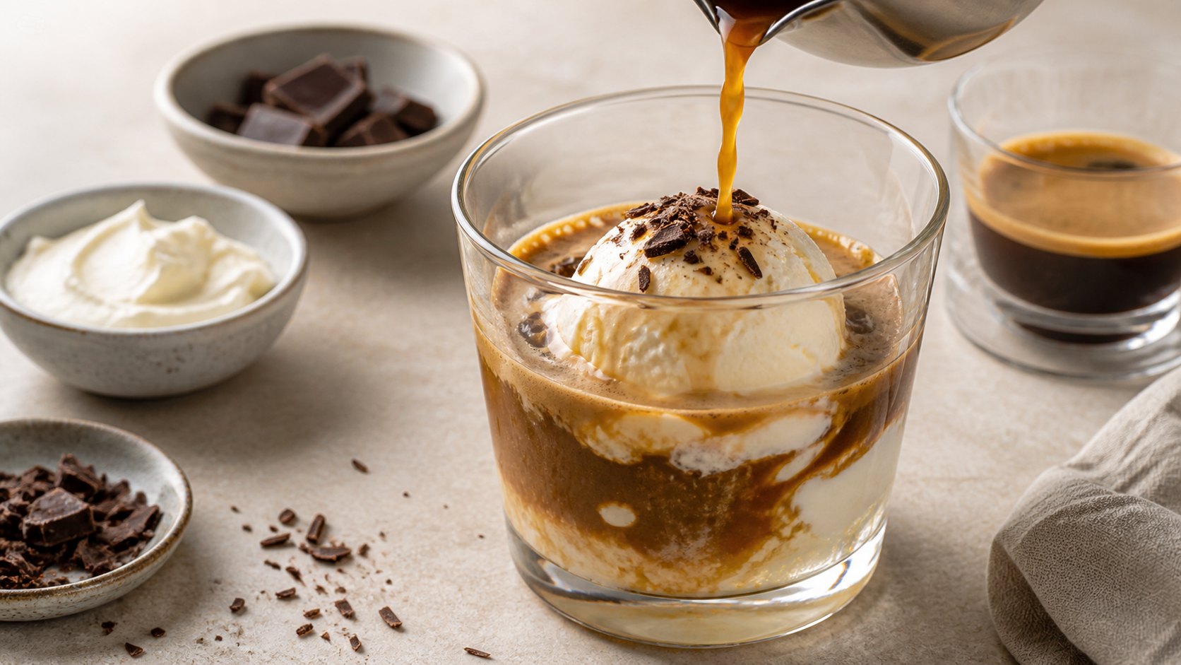 Keto Affogato: heißer Espresso wird über eine Kugel selbst gemachtes Vanilleeis in einem Glas gegossen