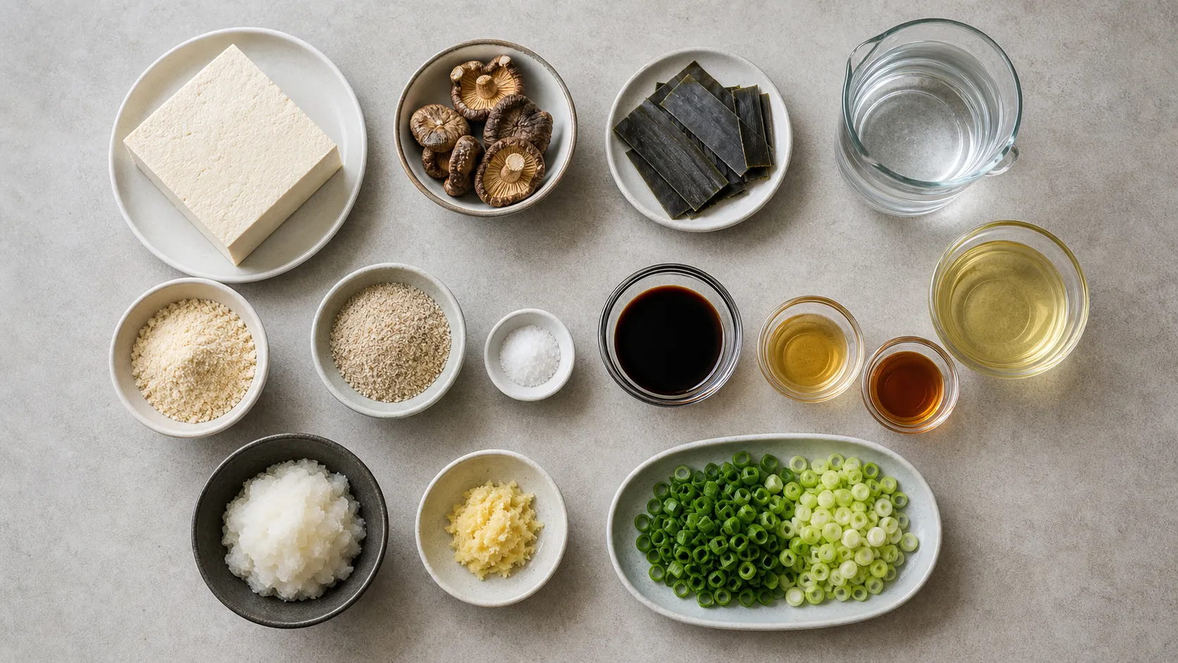 Zutaten für Keto-Agedashi-Tofu: fester Tofu, getrocknete Shiitake, Kombu, Mandelmehl, Flohsamenschalen, Sojasauce und Ingwer