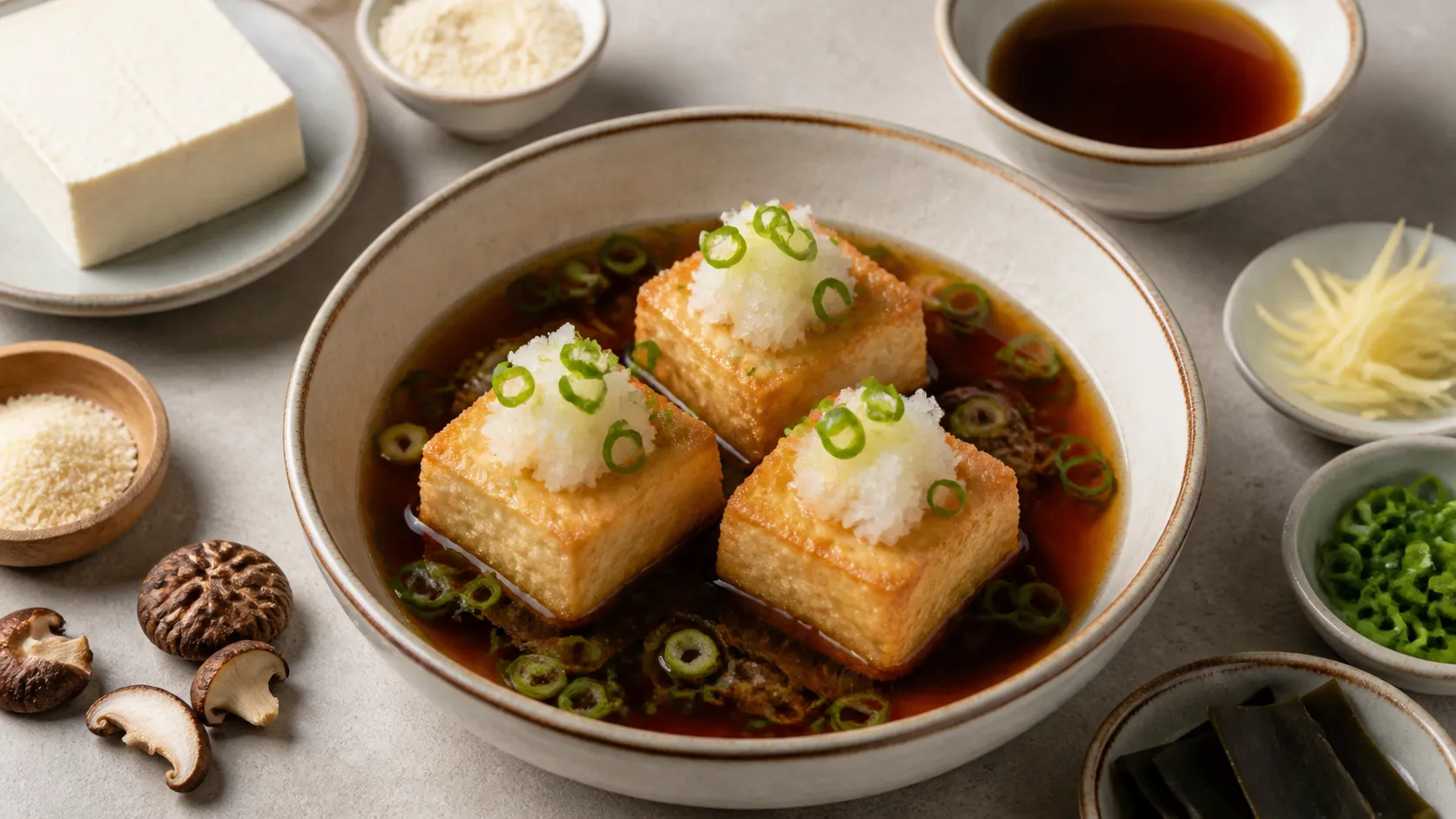 Drei goldbraun ausgebackene Tofuwürfel in einer flachen Schale mit dunklem Shiitake-Dashi, geriebenem Rettich und Frühlingszwiebeln