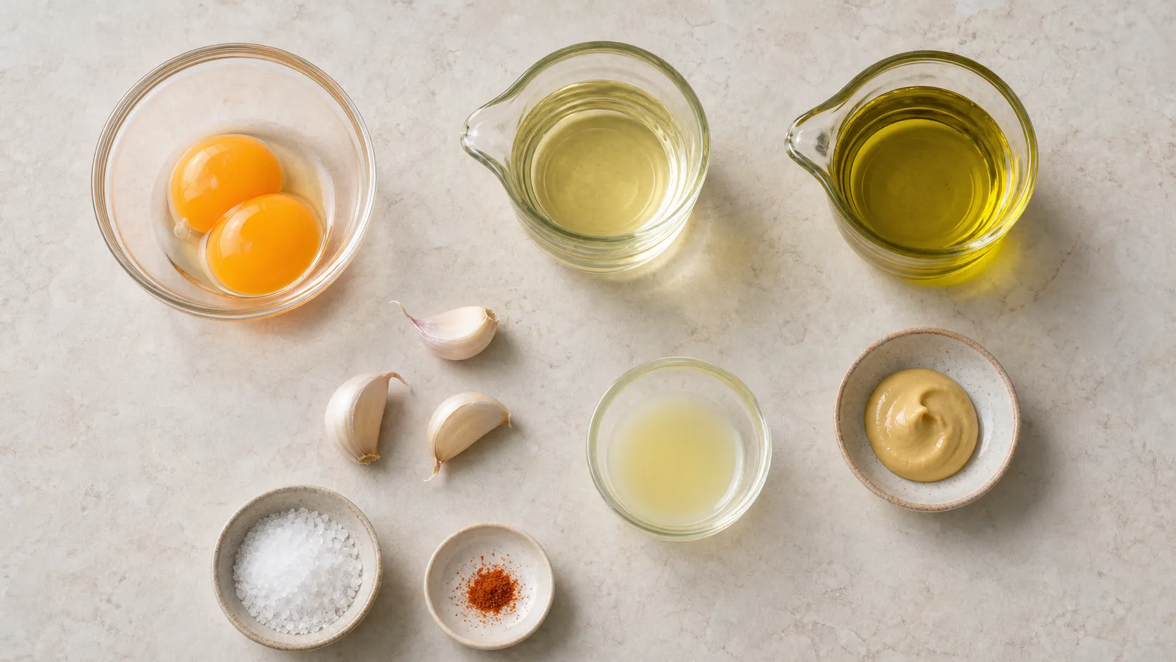 Zutaten für Keto Aioli: Eigelb, Rapsöl, Olivenöl, Knoblauch, Zitrone und Dijon-Senf