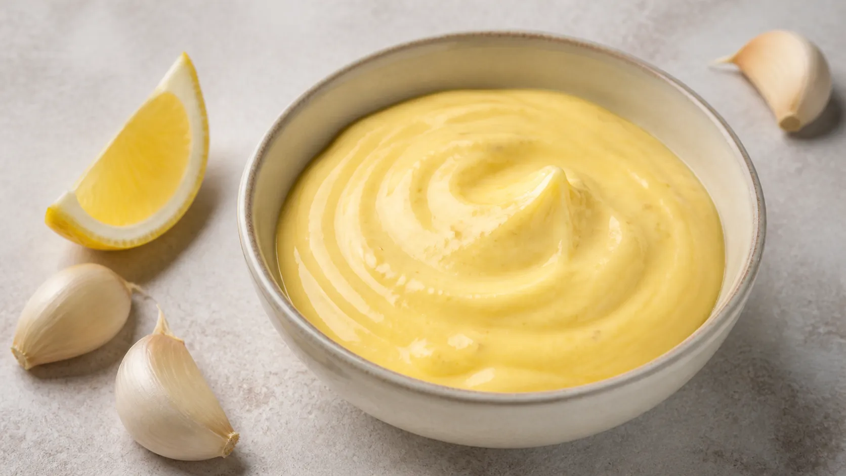 Cremige Keto Aioli in einer kleinen Schale mit Knoblauchzehen daneben