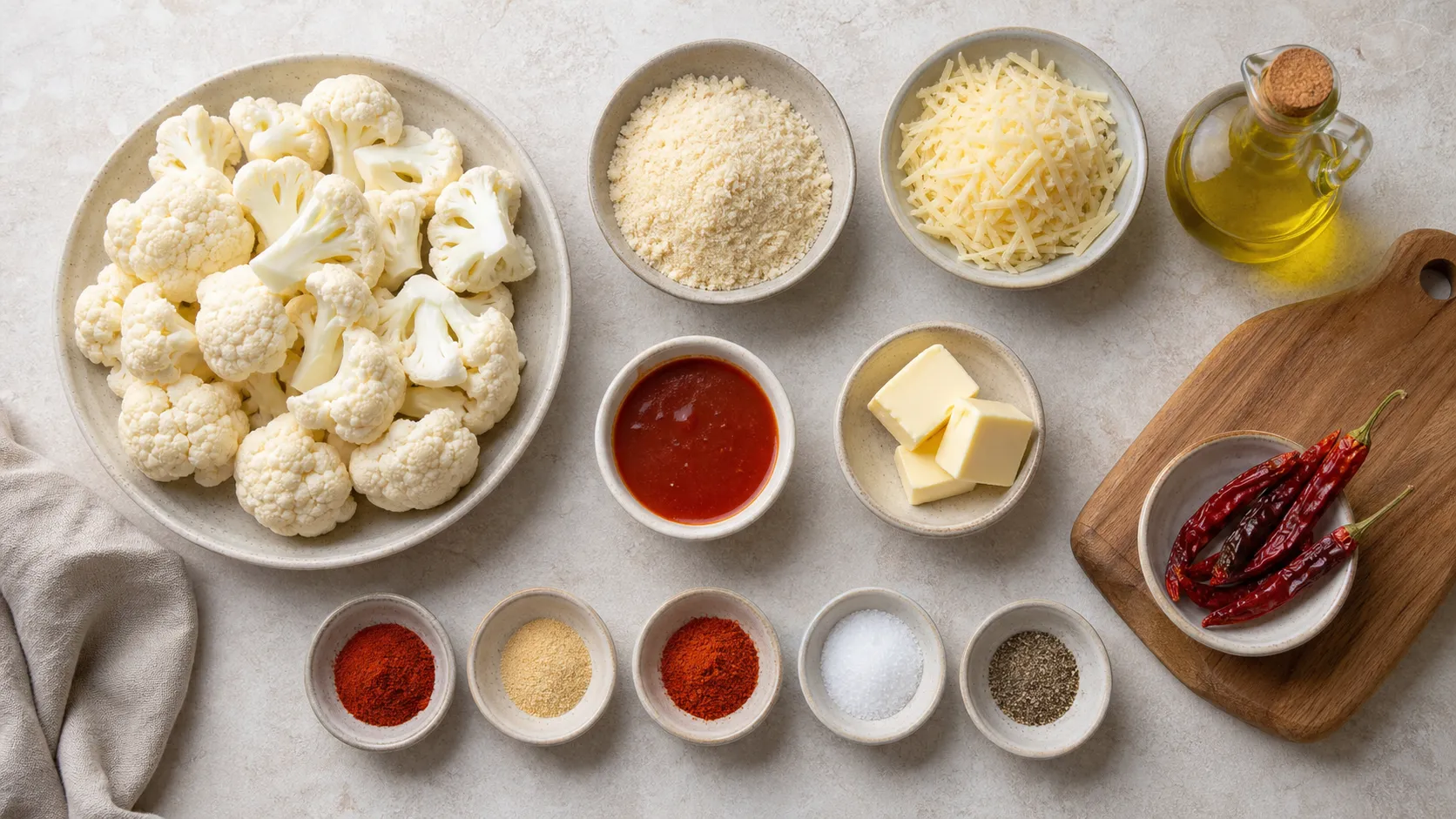 Zutaten für Keto Blumenkohl-Wings: Blumenkohlröschen, Mandelmehl, Parmesan, Olivenöl und Gewürze