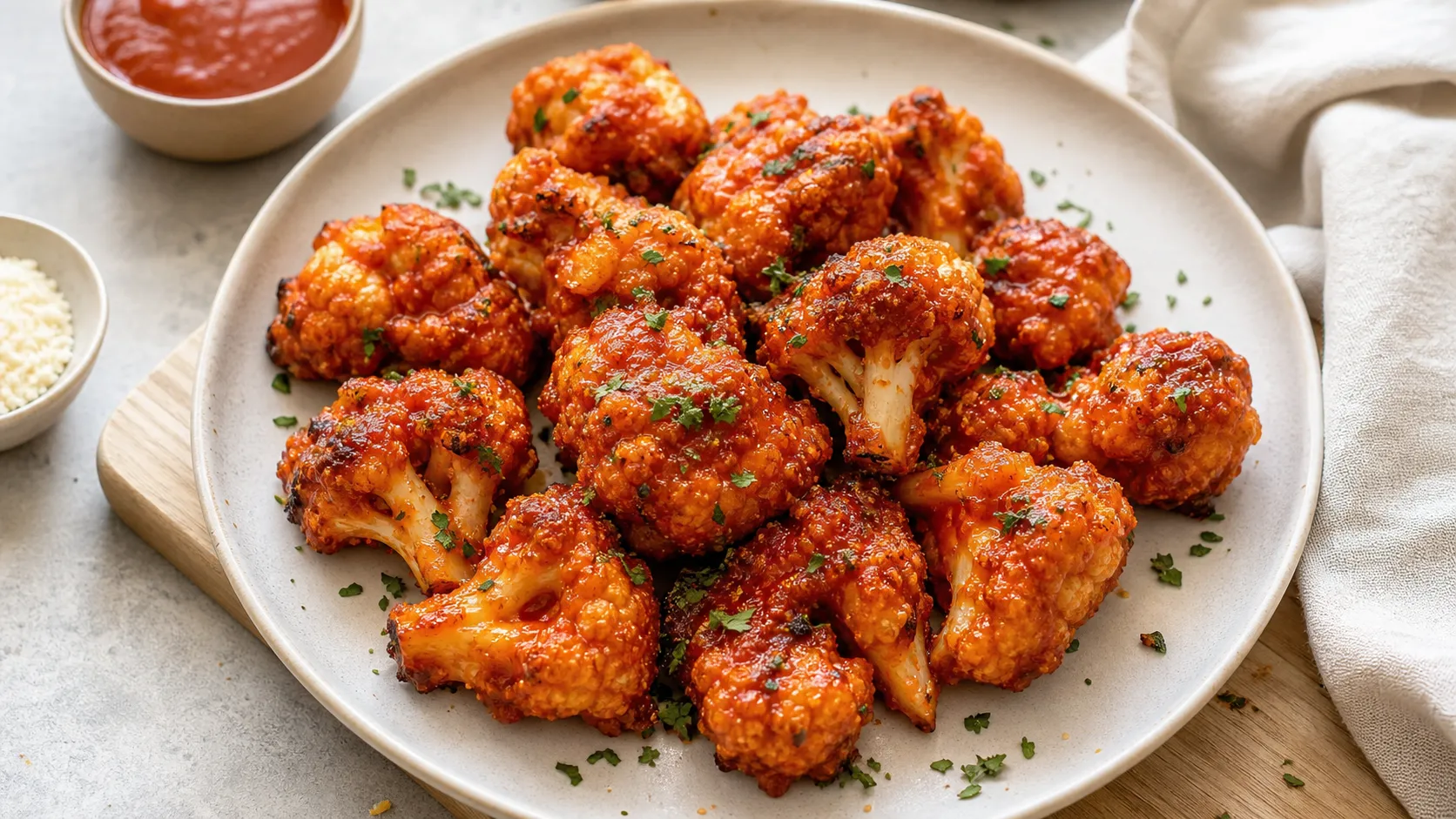 Scharfe Keto Blumenkohl-Wings mit roter Glasur auf einem Teller