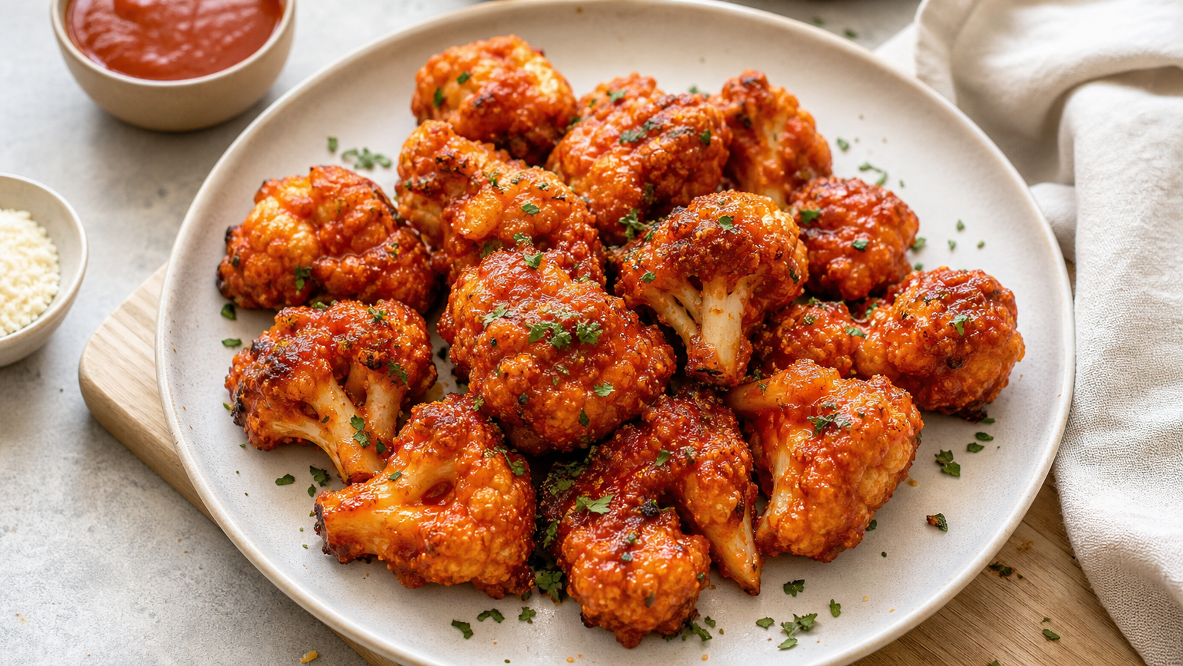Scharfe Keto Blumenkohl-Wings mit roter Glasur auf einem Teller