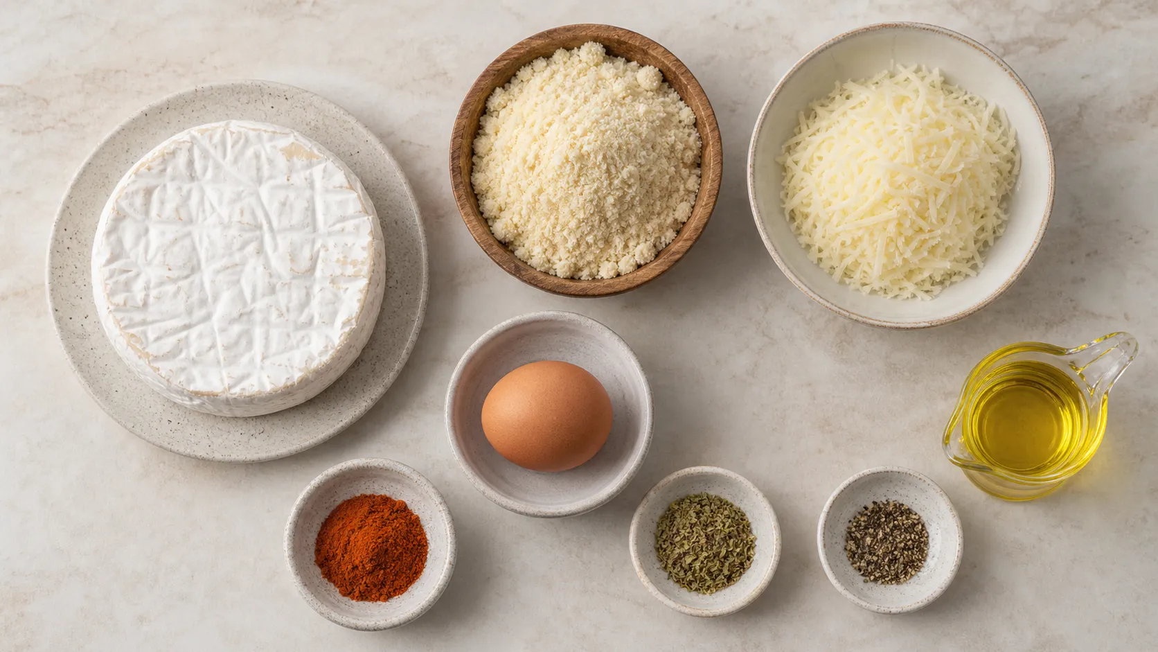 Zutaten für Keto panierten Camembert: Camembert, Mandelmehl, Parmesan, Ei und Gewürze