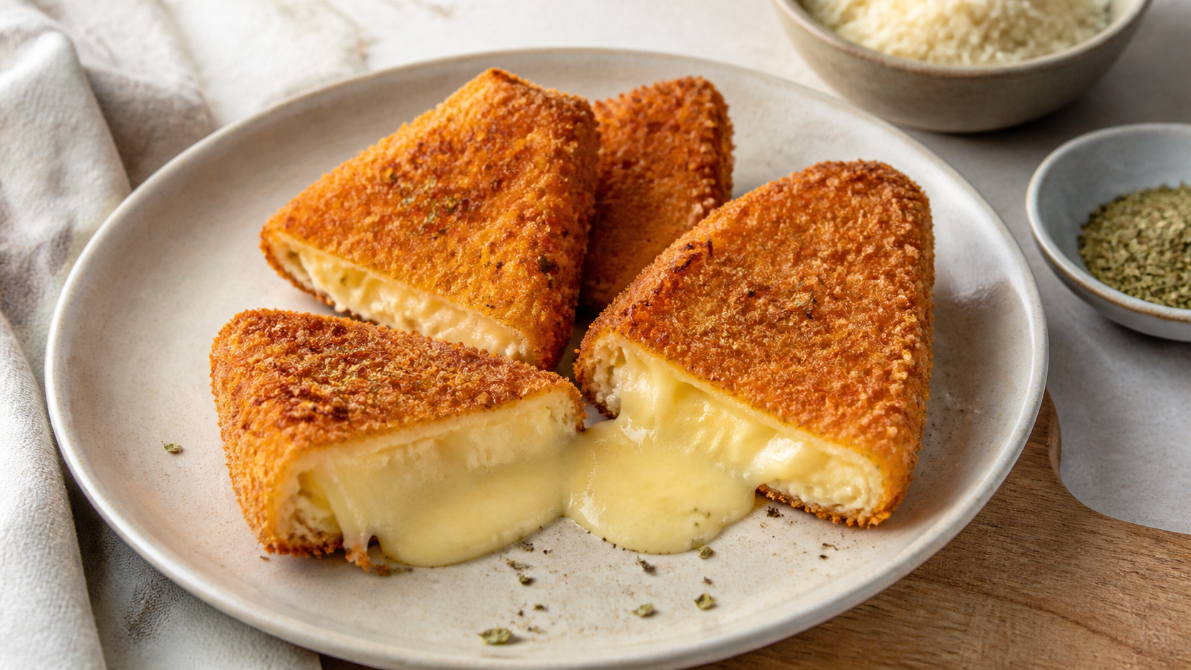 Goldbraun panierte Keto Camembert-Ecken aus der Heissluftfritteuse