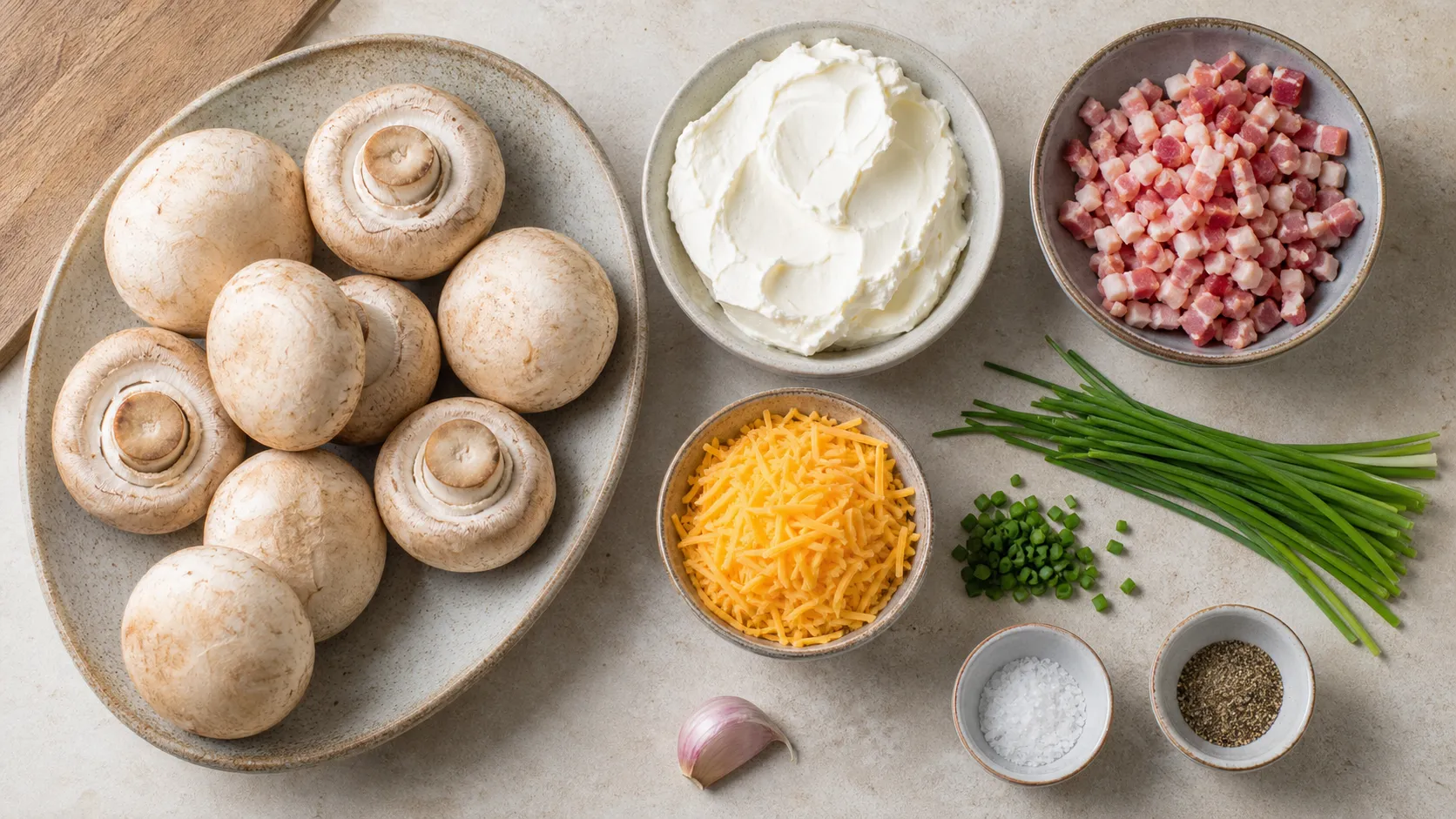 Zutaten für Keto gefüllte Champignons: große Champignons, Frischkäse, Speckwürfel, Cheddar und Schnittlauch