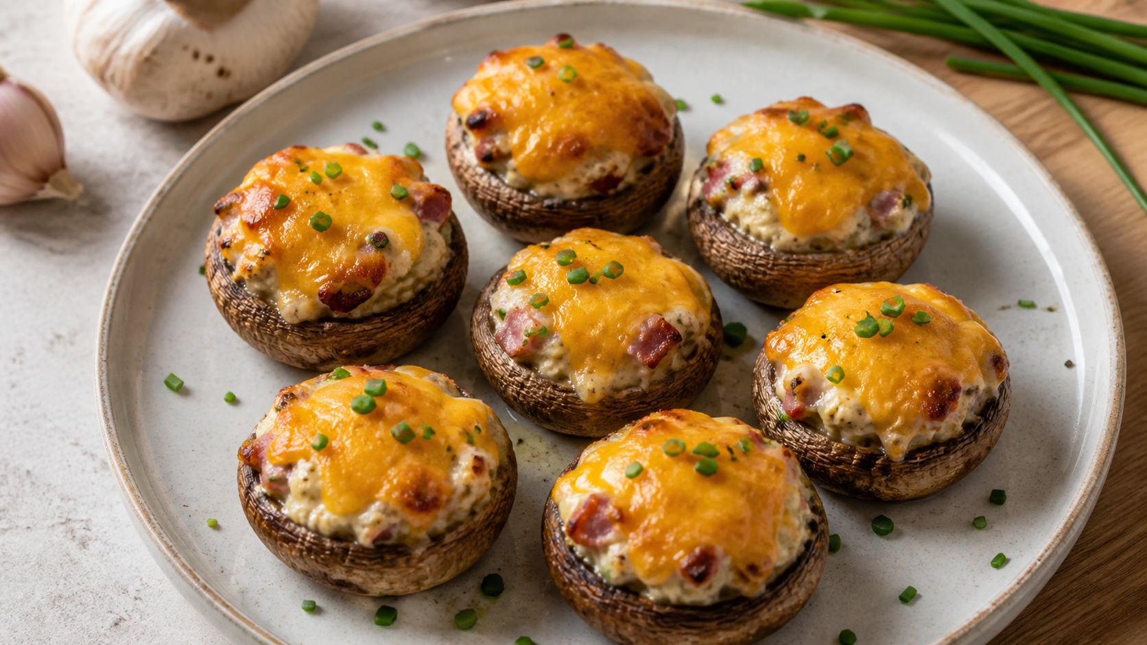 Keto gefüllte Champignons mit Frischkäse, Speck und geschmolzenem Cheddar