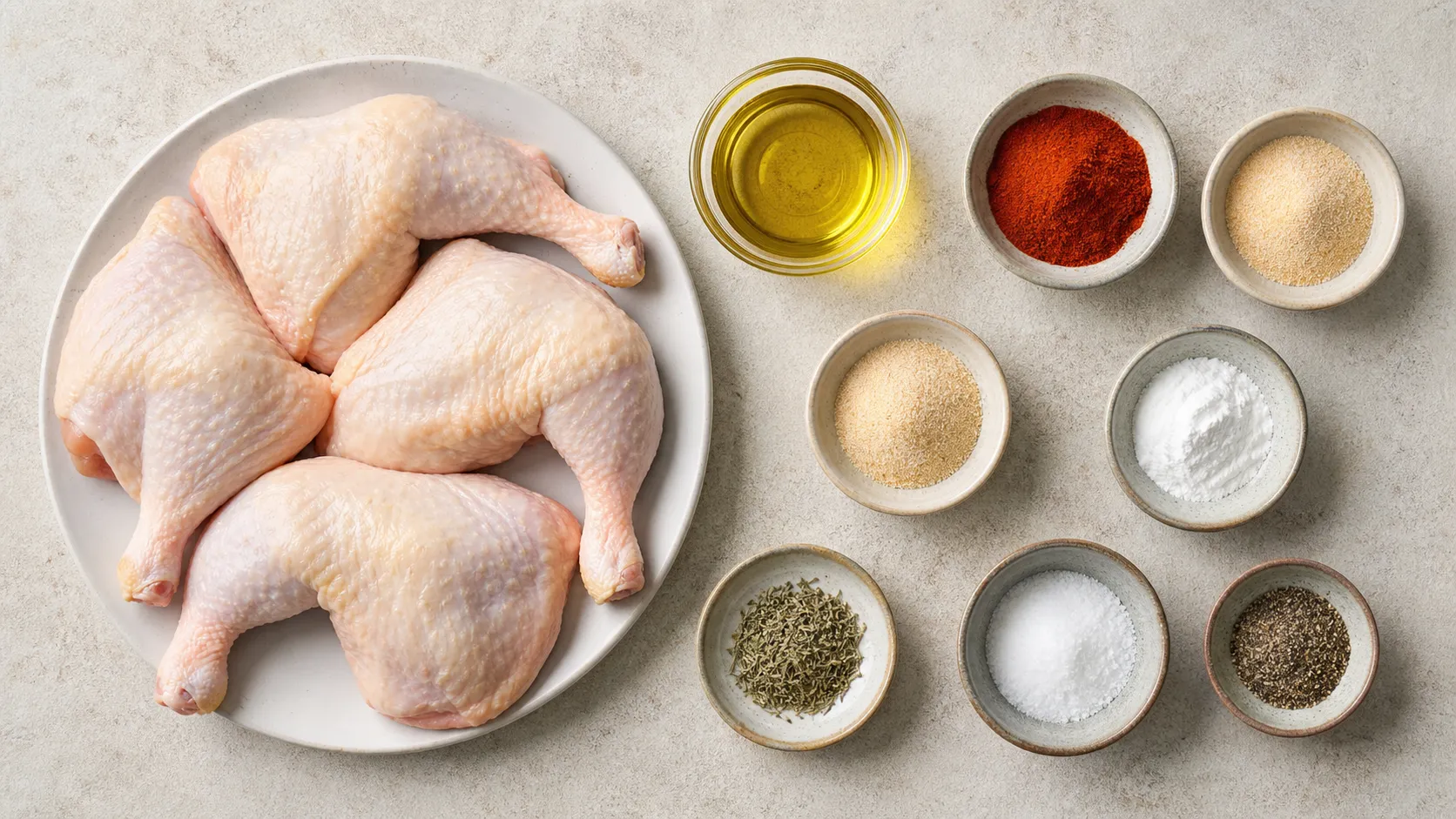 Zutaten für Keto Hähnchenschenkel: rohe Schenkel, Olivenöl, Paprikapulver, Knoblauchpulver und Backpulver