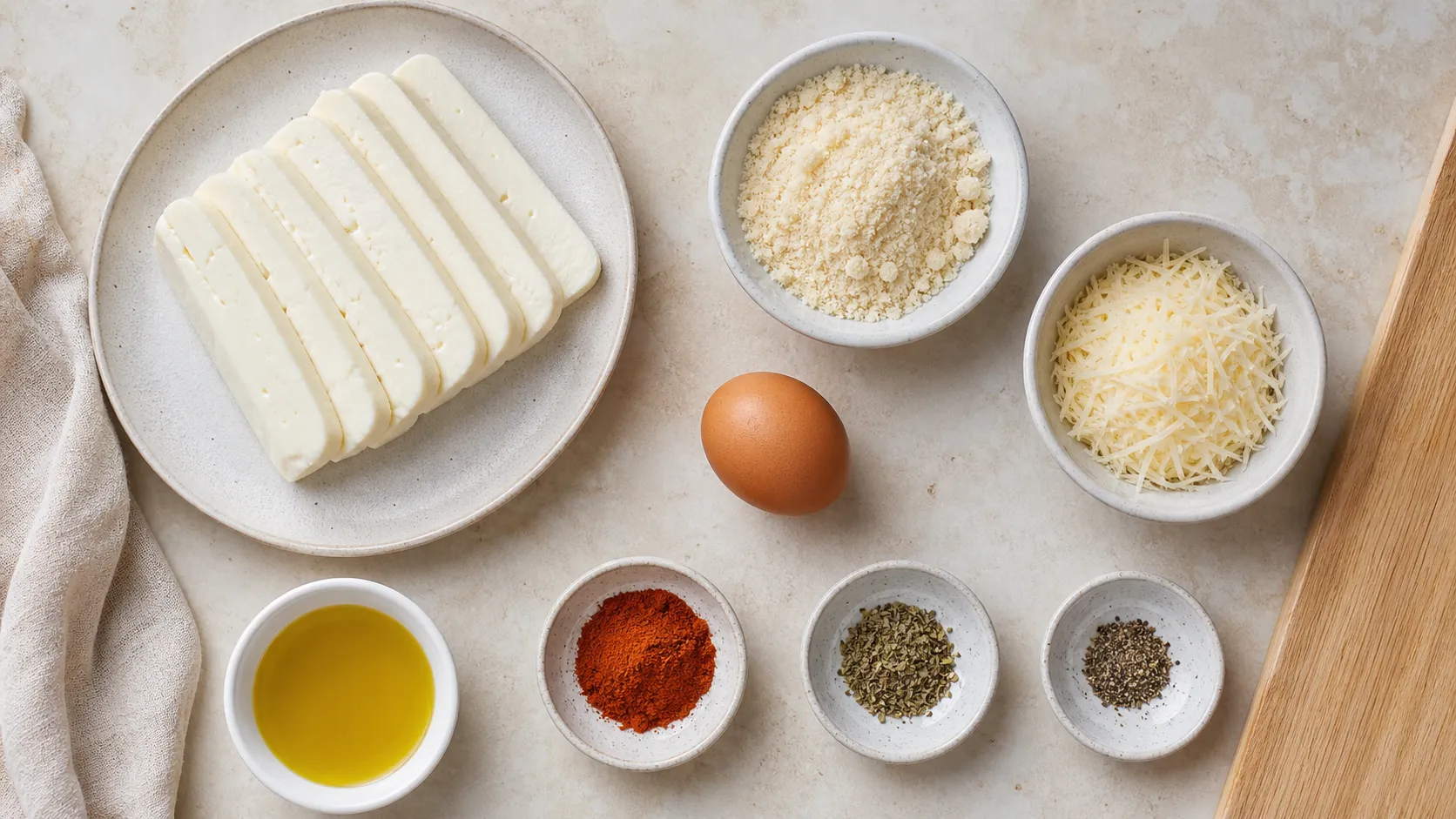 Zutaten für Keto Halloumi-Sticks: Halloumi, Mandelmehl, Parmesan, Ei und Gewürze