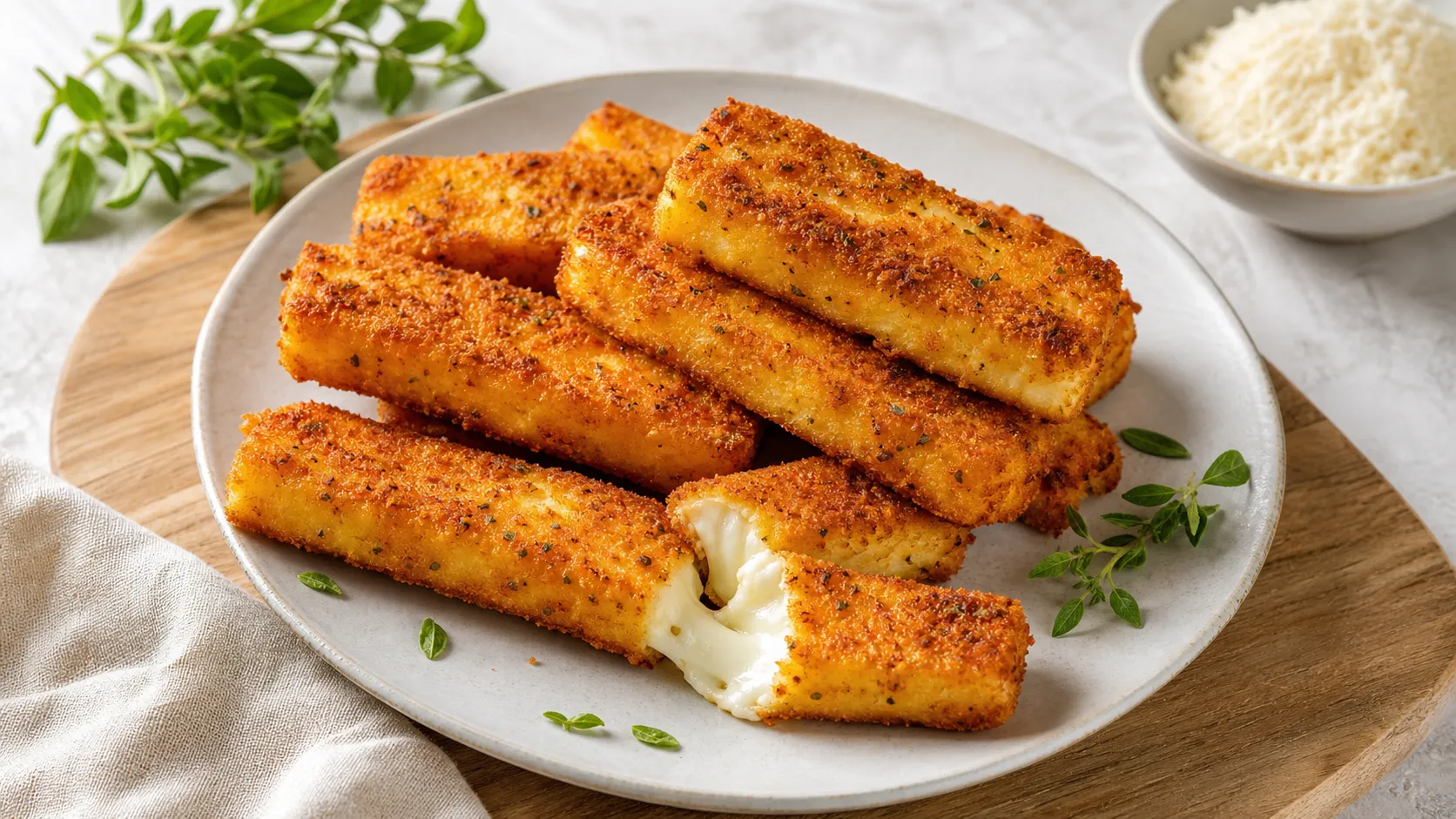 Goldbraune Keto Halloumi-Sticks aus der Heissluftfritteuse auf einem Teller
