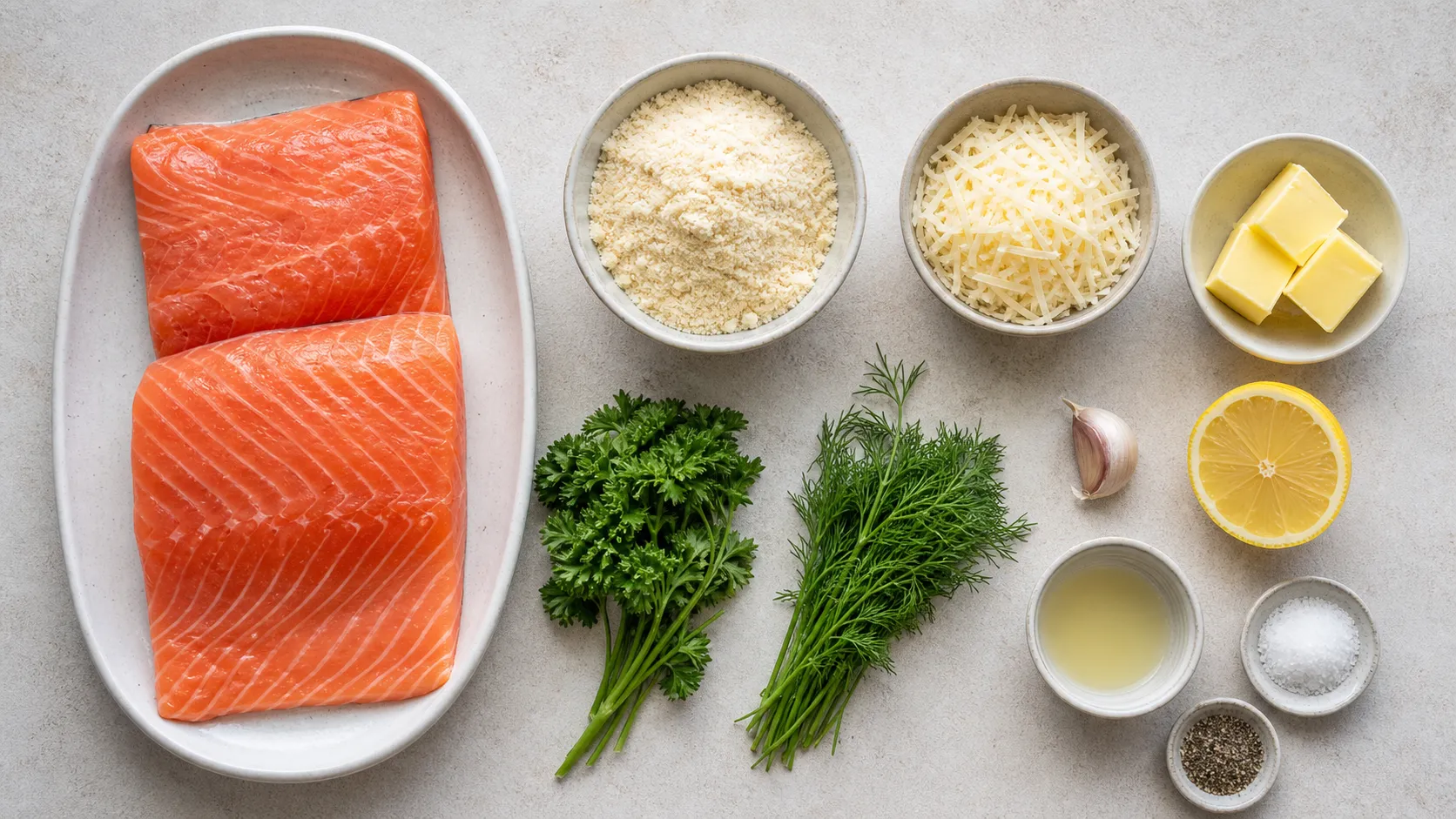 Zutaten für Keto Lachs mit Kräuterkruste: Lachsfilets, Mandelmehl, Parmesan, Butter, Petersilie und Dill