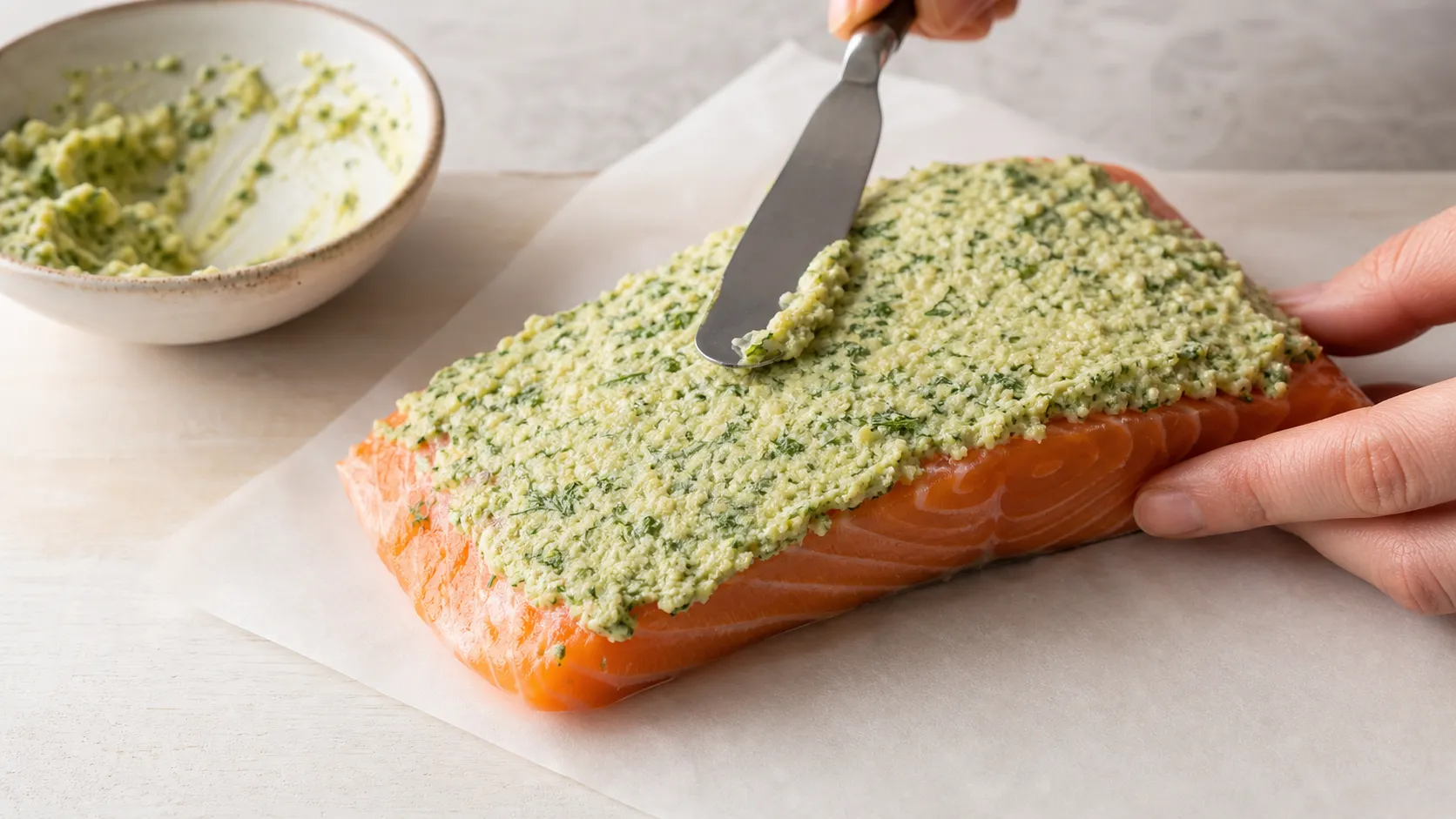Kräuterkruste wird auf ein rohes Lachsfilet gestrichen