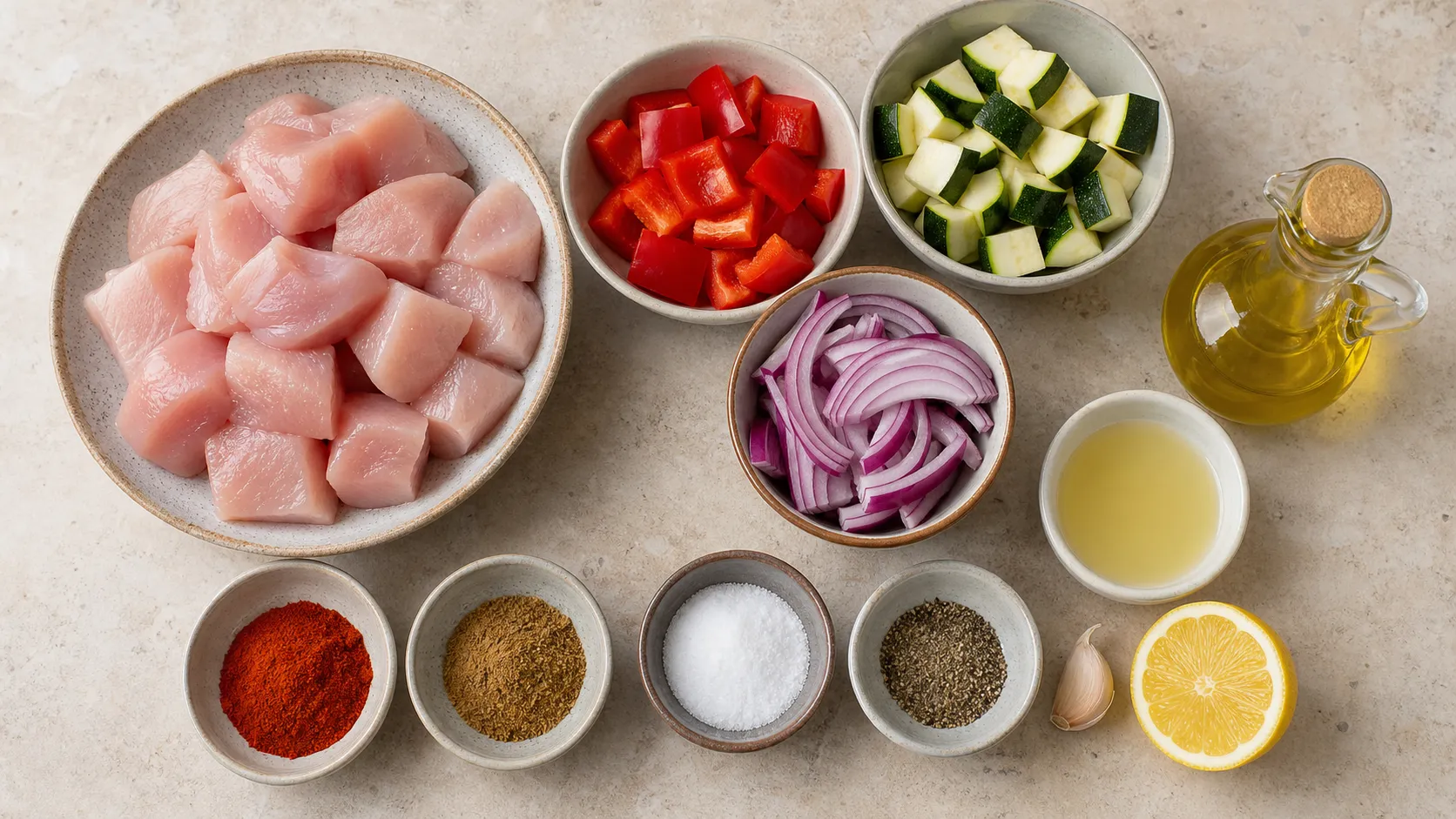 Zutaten für Keto Putenspieße: Putenbrust, Paprika, Zucchini, rote Zwiebel, Olivenöl und Gewürze