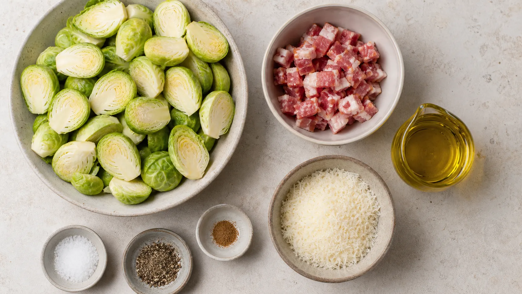 Zutaten für Keto Rosenkohl mit Speck: halbierter Rosenkohl, Speckwürfel, Olivenöl und Parmesan