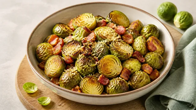Gerösteter Keto Rosenkohl mit knusprigen Speckwürfeln in einer Schale