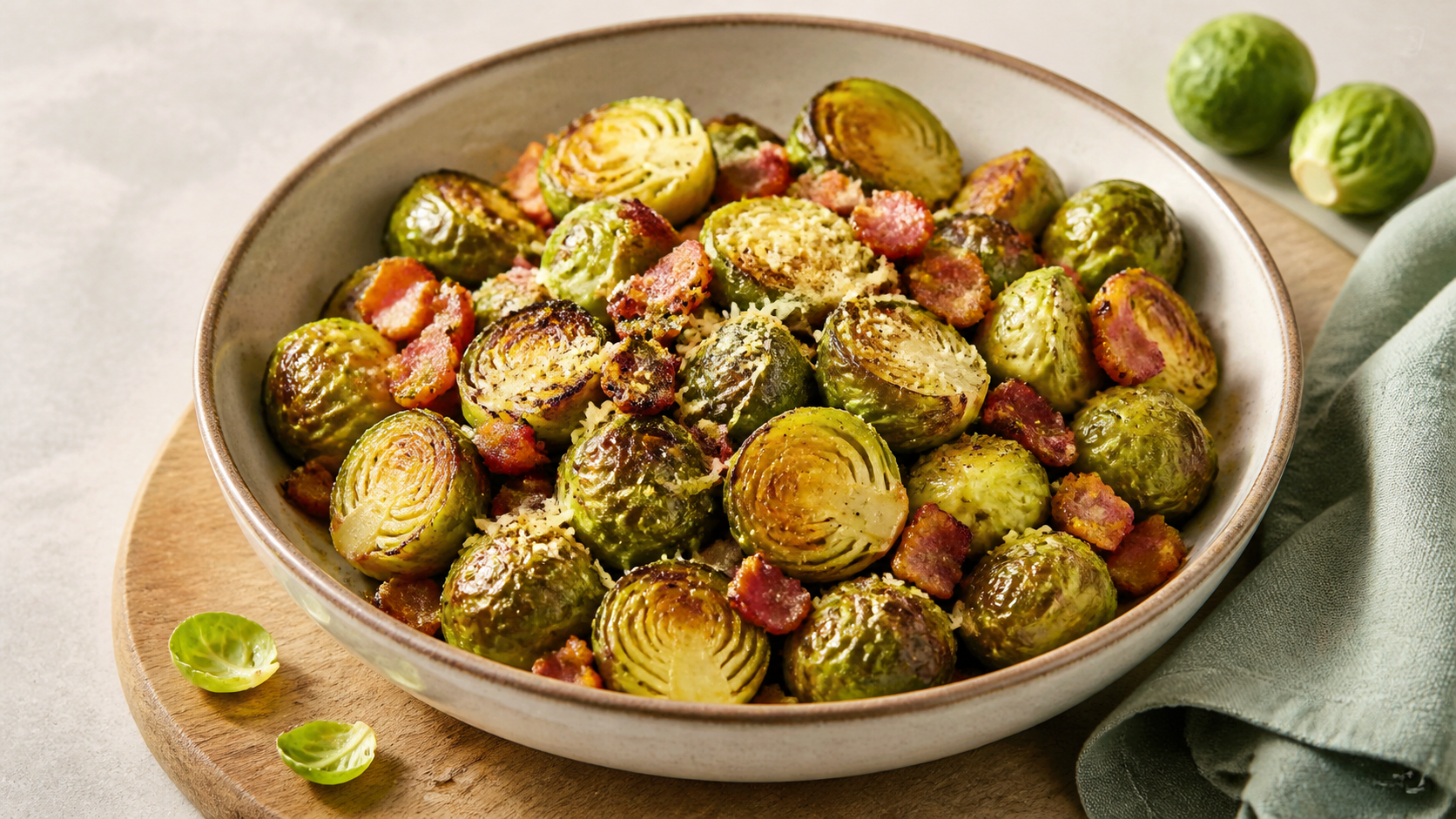 Gerösteter Keto Rosenkohl mit knusprigen Speckwürfeln in einer Schale