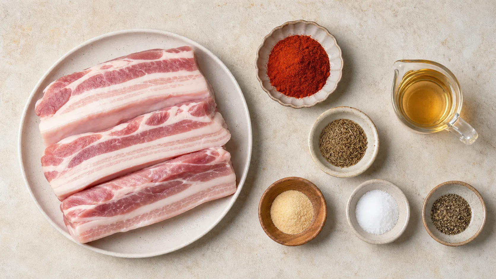 Zutaten für Keto Schweinebauch-Würfel: roher Schweinebauch, geräuchertes Paprikapulver, Kreuzkümmel und Apfelessig