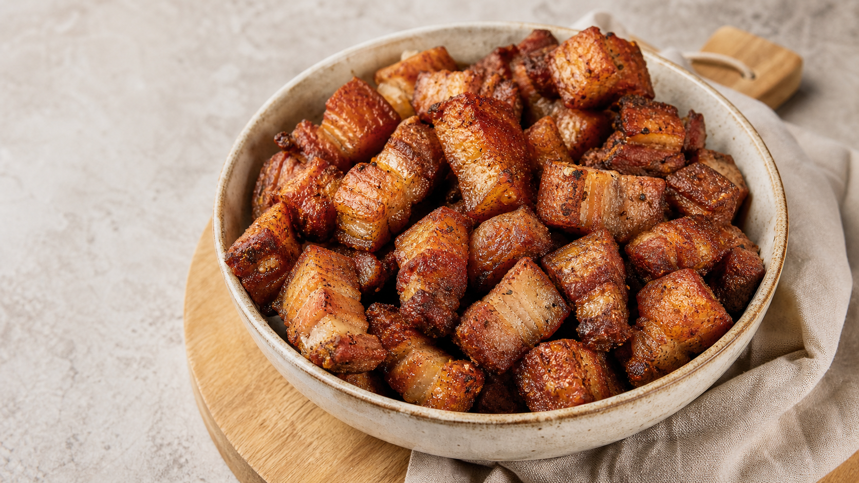 Knusprige Keto Schweinebauch-Würfel aus der Heissluftfritteuse in einer Schale