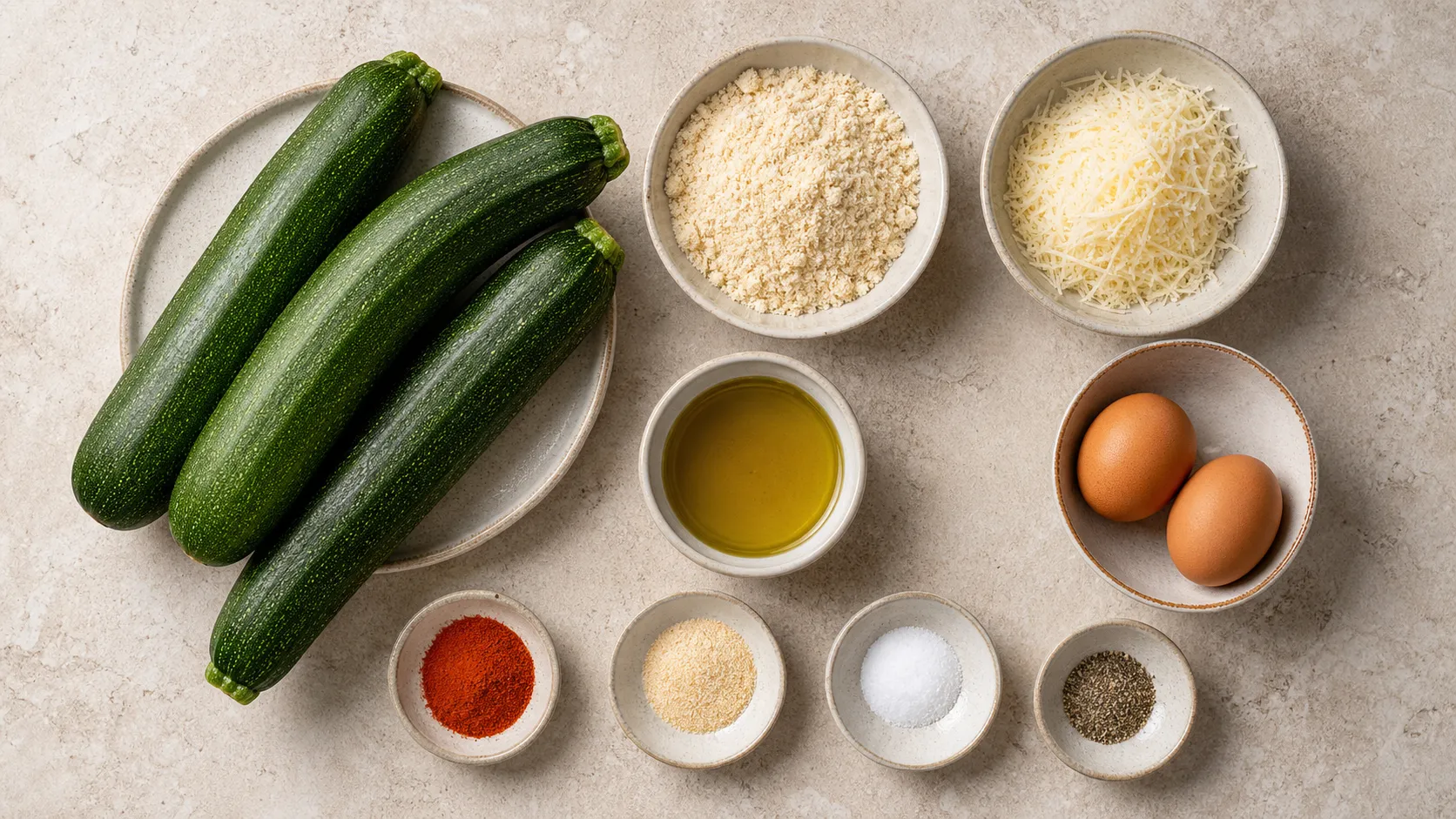 Zutaten für Keto Zucchini-Pommes: Zucchini, Mandelmehl, Parmesan, Eier und Gewürze