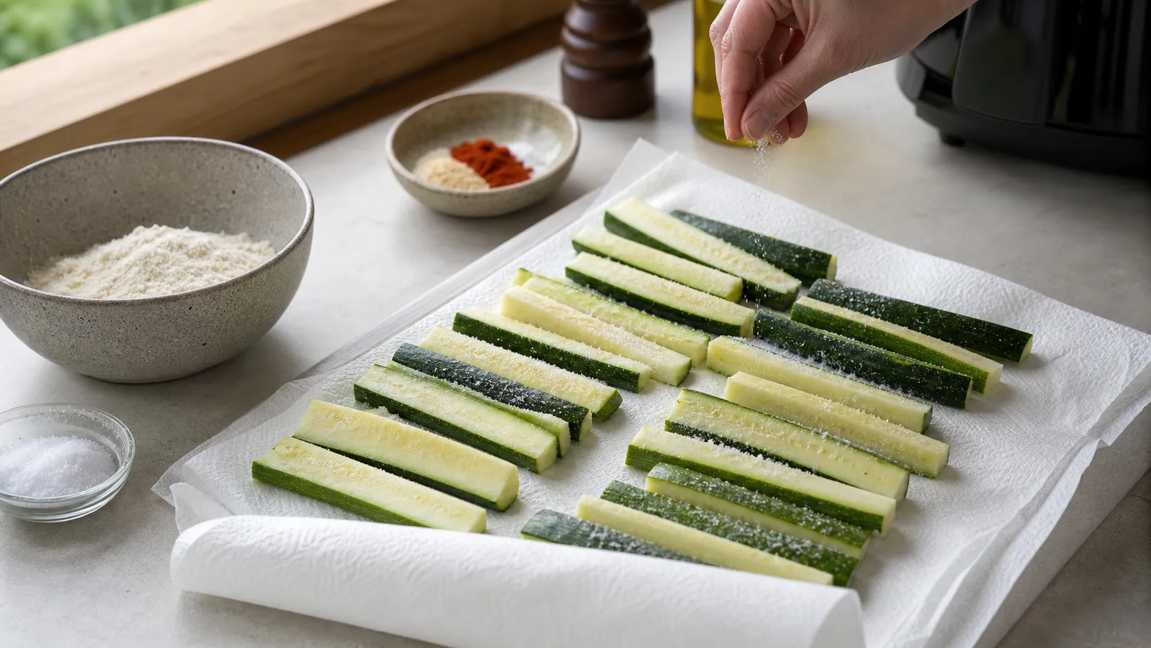 Zucchinisticks werden gesalzen und auf Küchenpapier entwässert