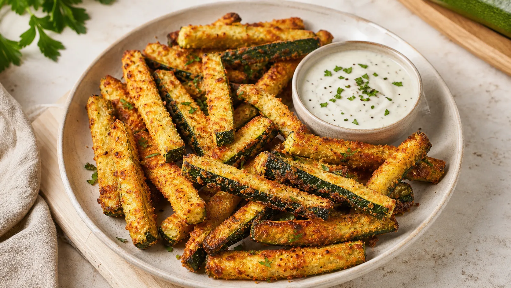 Goldbraune Keto Zucchini-Pommes aus der Heissluftfritteuse mit Dip