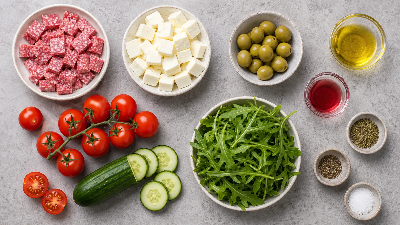 Zutaten für Keto-Antipasti-Salat: Salami, Mozzarella, Oliven, Cherry-Tomaten, Gurke, Rucola und Olivenöl