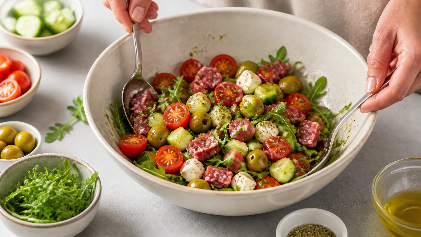 Salatzutaten werden in einer Schüssel mit Olivenöl und Rotweinessig vermengt