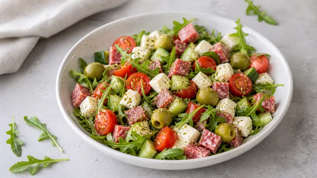 Keto-Antipasti-Salat in einer Schüssel mit Salami, Mozzarella, Oliven, Cherry-Tomaten, Gurke und Rucola