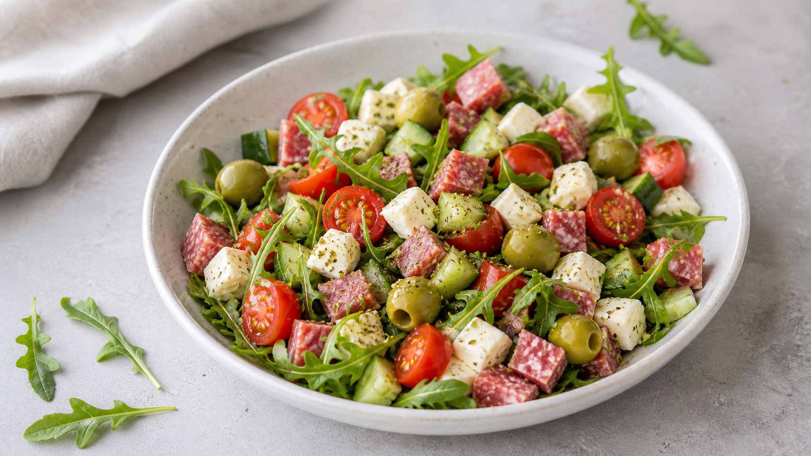 Keto-Antipasti-Salat in einer Schüssel mit Salami, Mozzarella, Oliven, Cherry-Tomaten, Gurke und Rucola