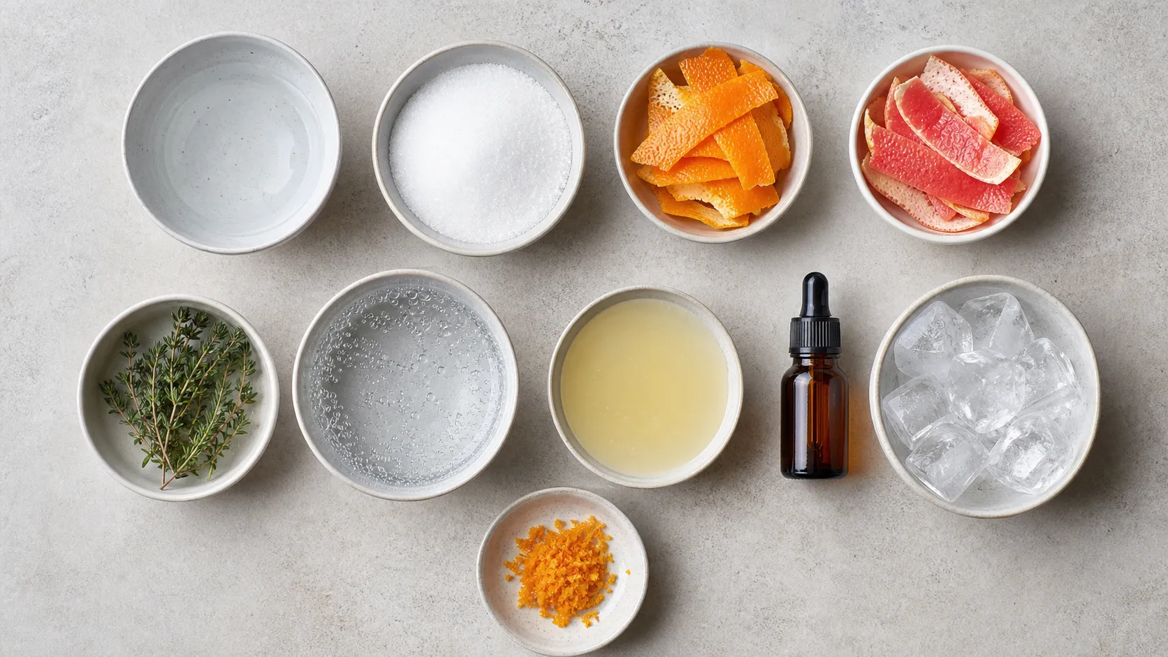 Zutaten für den alkoholfreien Keto-Aperitif: Orangenschale, Grapefruitschale, Thymian, Erythrit, Zitronensaft und Sodawasser