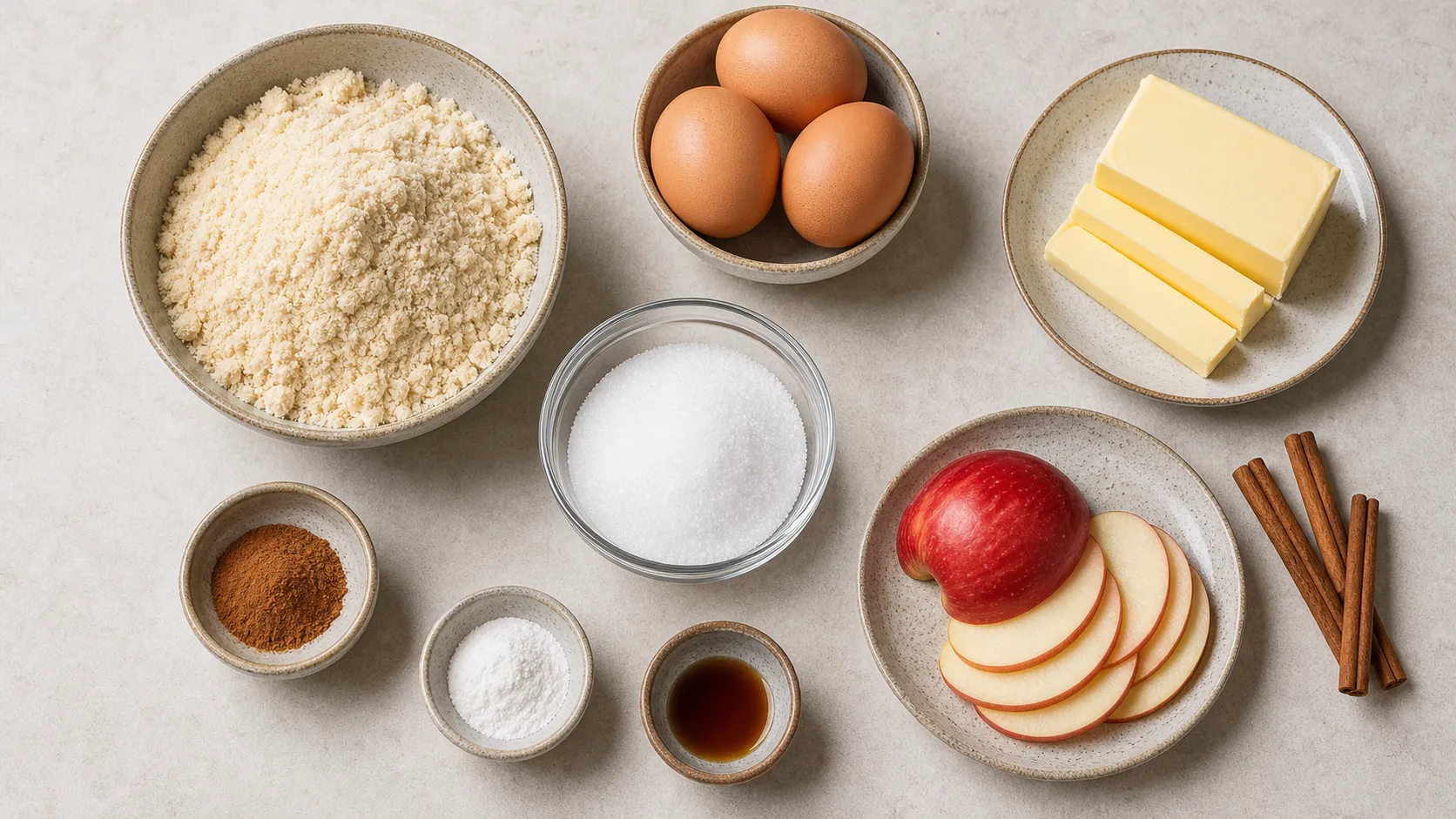 Zutaten für Keto Apfel-Zimt-Kuchen mit Mandelmehl, Eiern, einem Apfel und Zimt