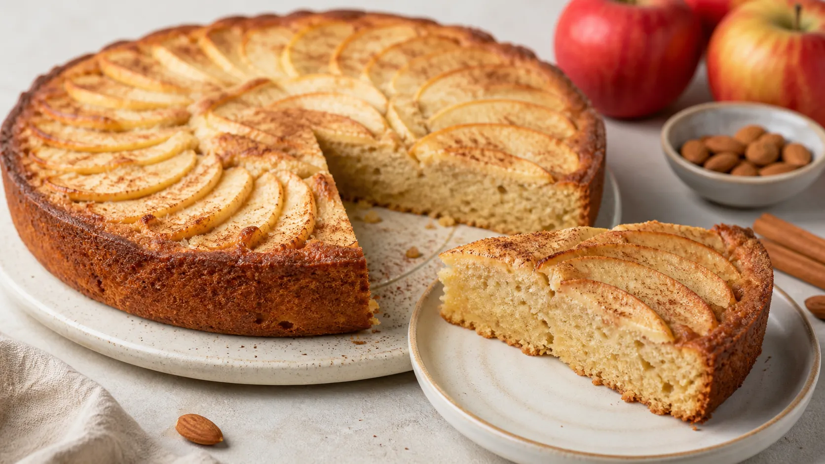 Keto Apfel-Zimt-Kuchen aus Mandelmehl mit Apfelscheiben und Zimt angeschnitten