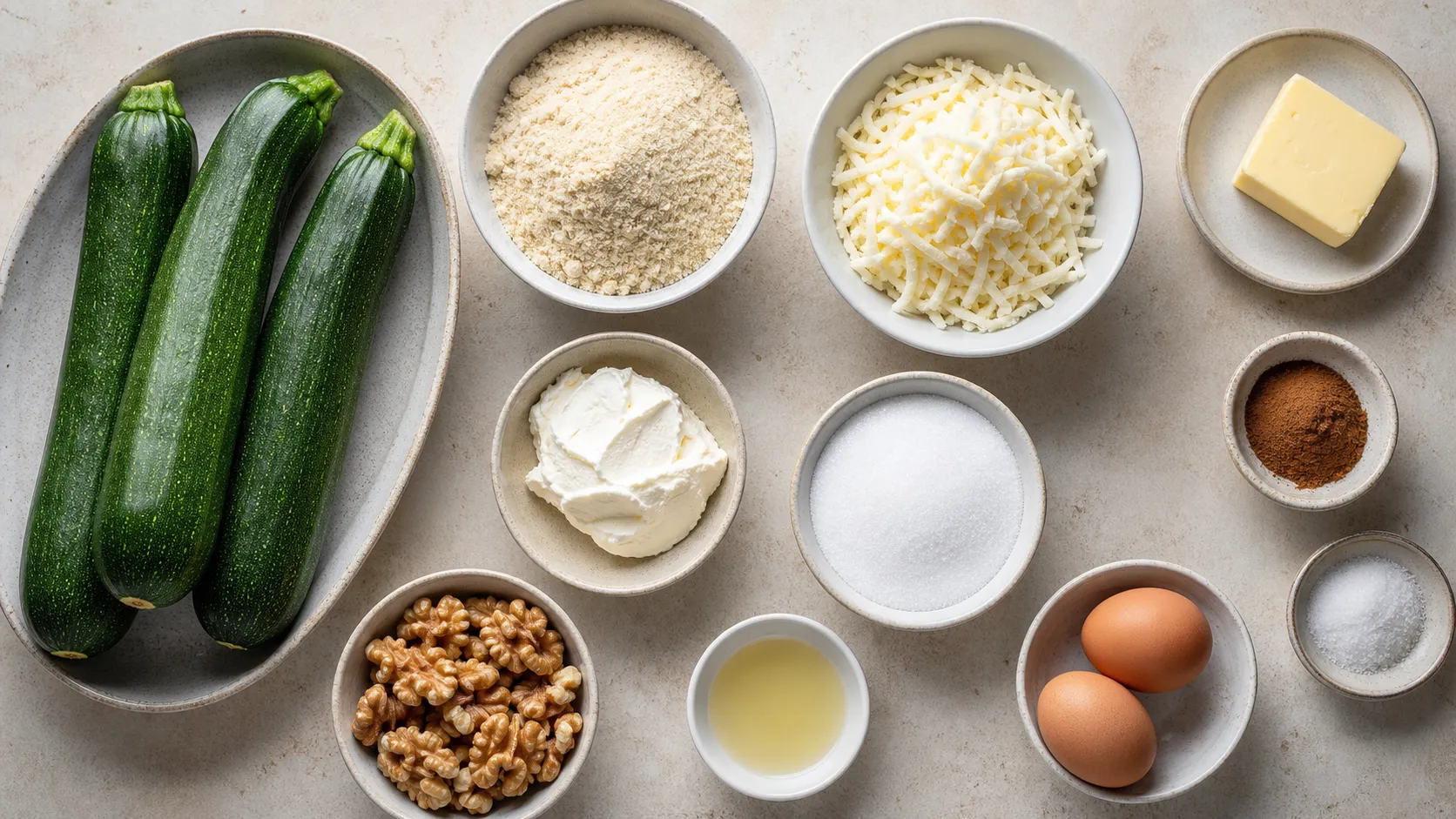 Zutaten für Keto Apfelstrudel: Zucchini, Mandelmehl, Mozzarella, Butter, Zimt, Zitrone und Walnüsse