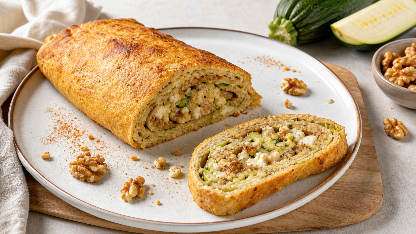 Angeschnittener Keto Apfelstrudel mit Zimtfüllung und Mandelteighülle